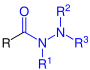 Allgemeine Struktur der Carbonsäurehydrazide mit dem blau markierten Hydrazinocarbonyl-Rest. R = H oder Organylgruppe