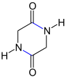 Cyclisches Dipeptid Gly-Gly, das einfachste Diketopiperazin, aufgebaut aus zwei Molekülen Glycin