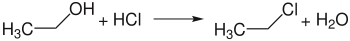 Ethanol und Chlorwasserstoff reagieren zu Ethylchlorid und Wasser