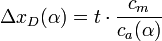  \Delta x_D(\alpha) = t \cdot \frac {c_m} {c_a(\alpha)} 