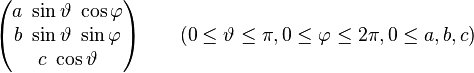 \begin{pmatrix} a ~ \sin\vartheta ~ \cos \varphi \\ b ~ \sin\vartheta ~ \sin\varphi \\ c ~ \cos \vartheta \end{pmatrix} \qquad (0 \leq \vartheta \leq \pi , 0 \leq \varphi \leq 2\pi , 0 \leq a,b,c)